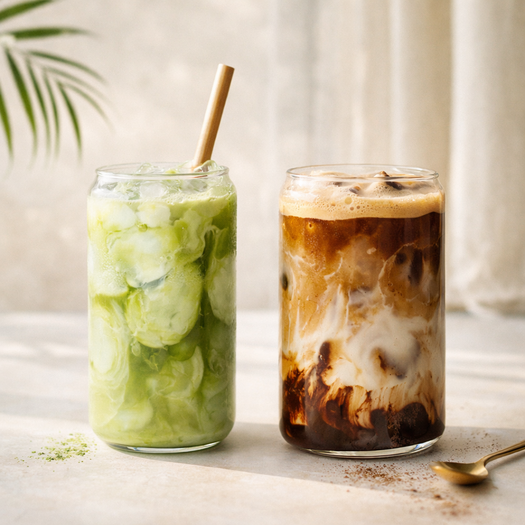 Custom mushroom matcha and mushroom coffee drinks