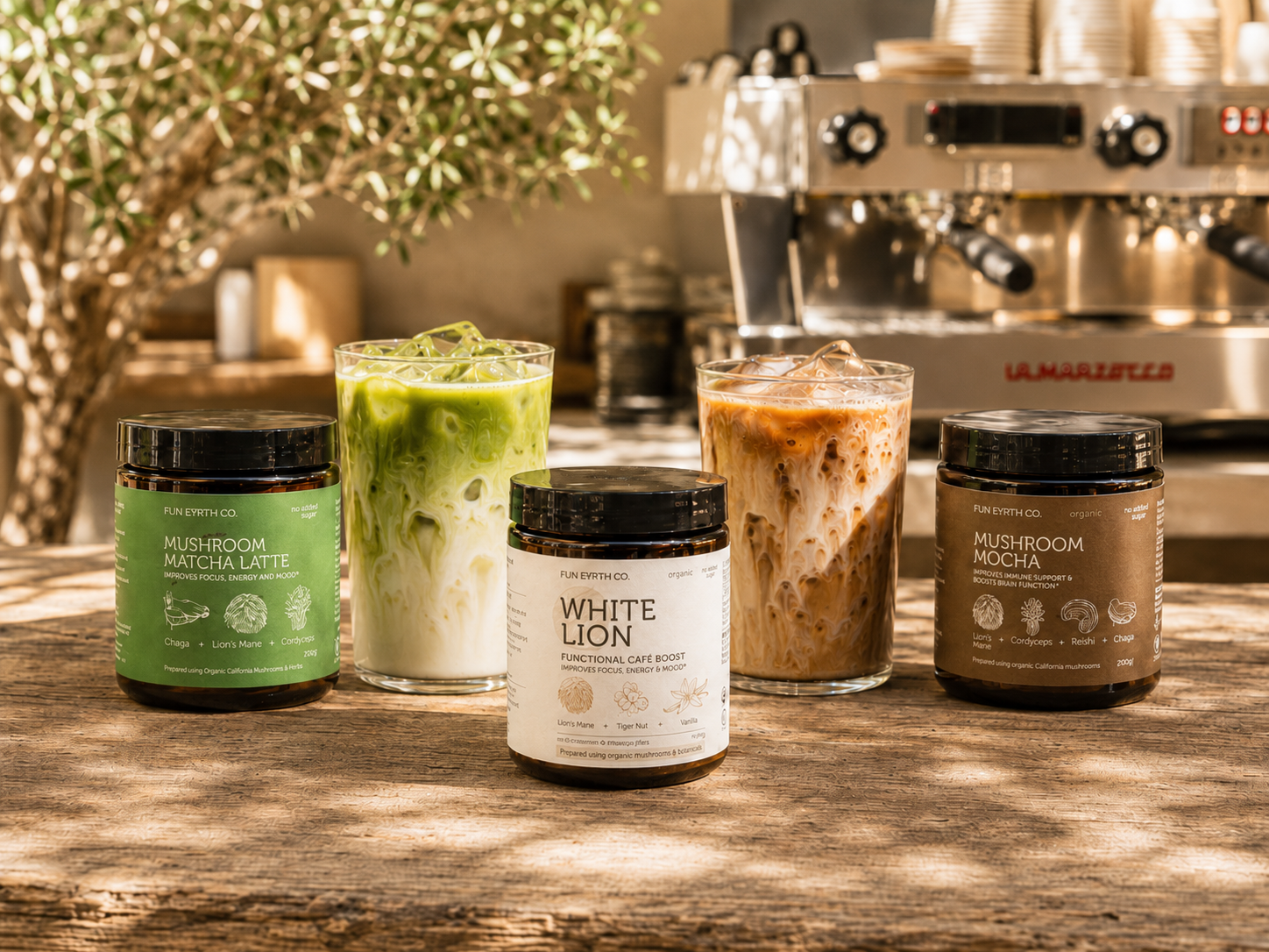 Fun Earth mushroom matcha and mocha drinks with product jars on a café counter