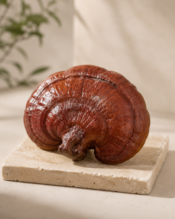 Reishi mushroom on warm stone