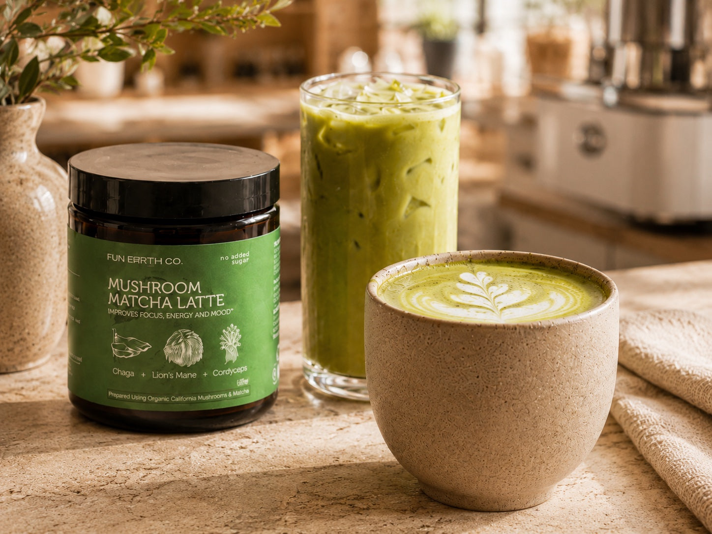 Fun Earth Mushroom Matcha Latte served hot and iced