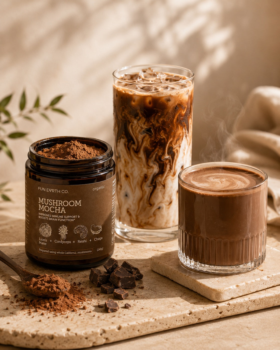 Fun Earth Mushroom Mocha served hot and iced