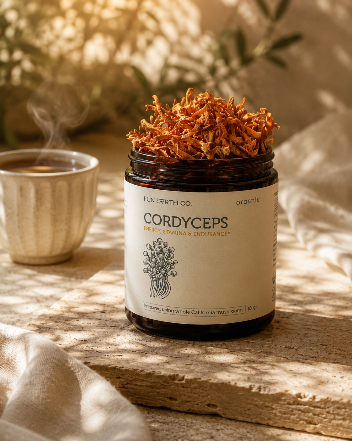 Fun Earth Cordyceps jar with Cordyceps mushrooms