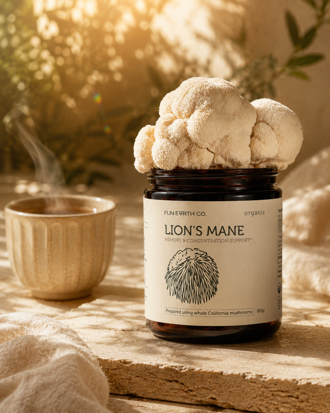 Fun Earth Lion's Mane jar with Lion's Mane mushrooms