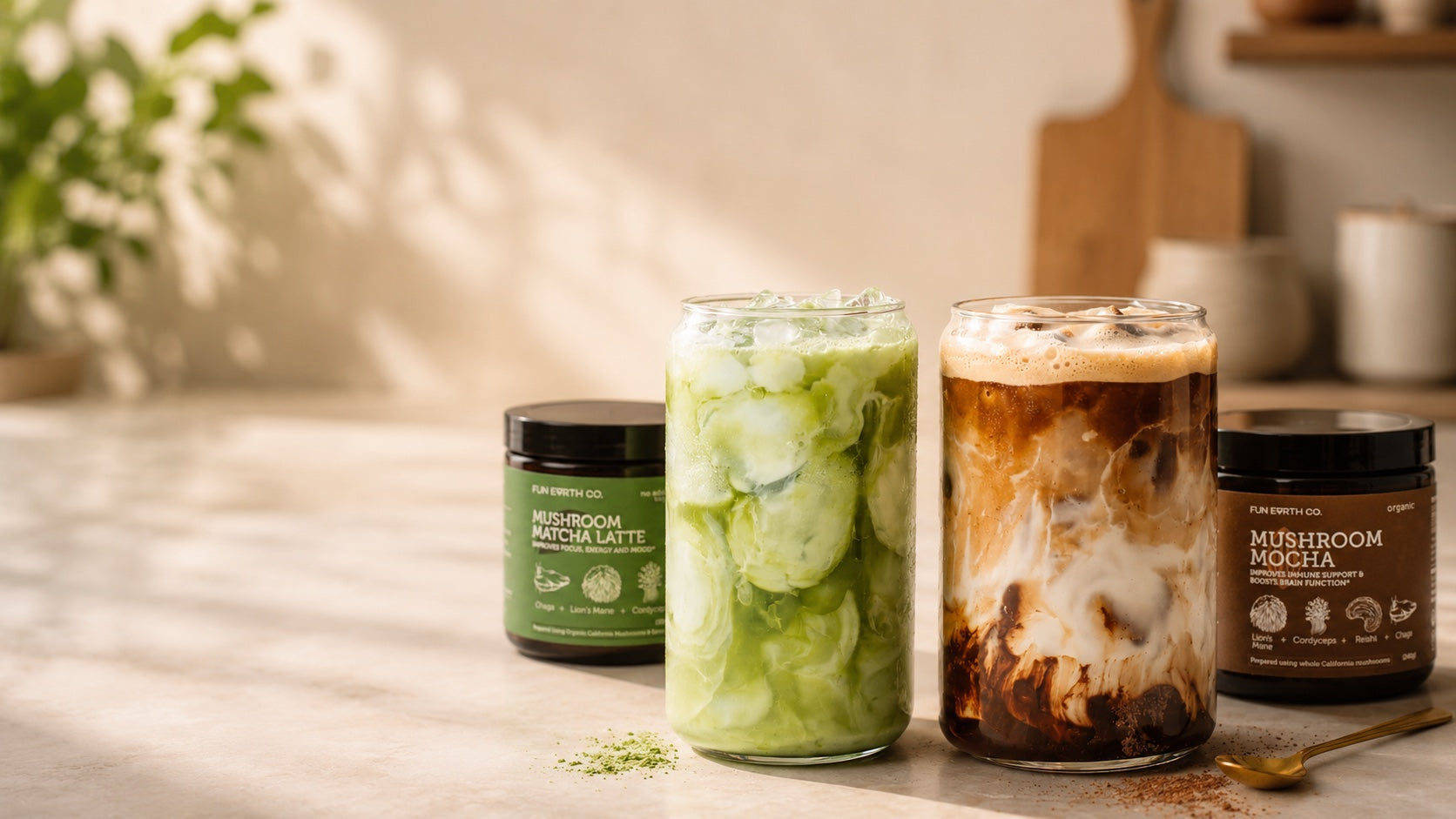 Fun Earth matcha and mocha lattes with product jars