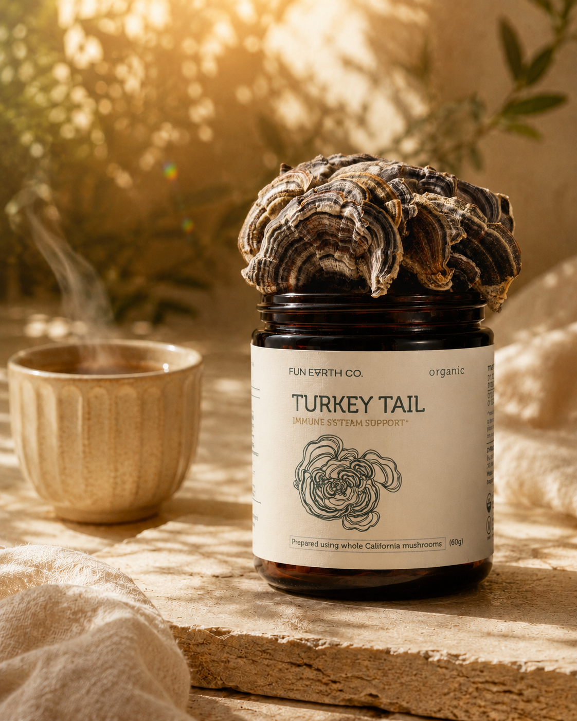 Fun Earth Turkey Tail jar with Turkey Tail mushrooms