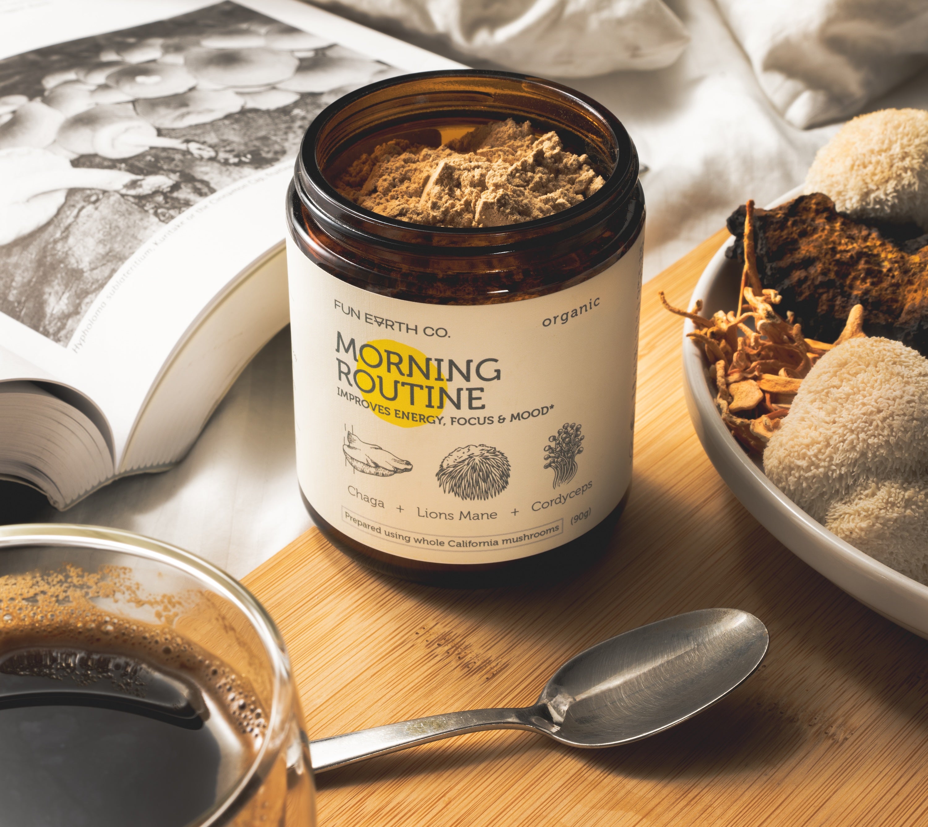 Morning Routine jar with coffee and mushroom ingredients