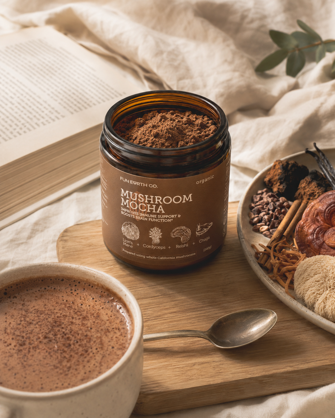 Mushroom Mocha jar with prepared cacao latte and mushroom ingredients